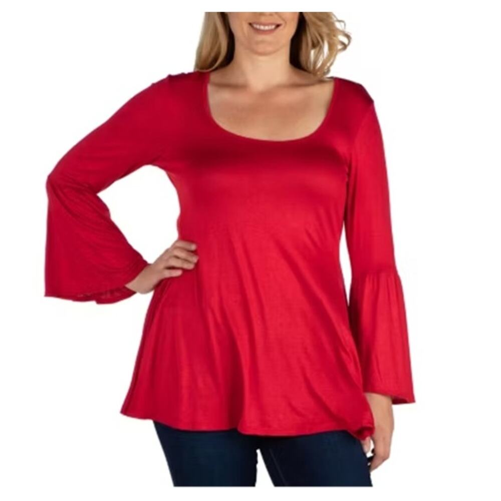 24Seven Comfort Apparel Long Bell Sleeve Flared Tunic Top Size S Red Scoop Neck